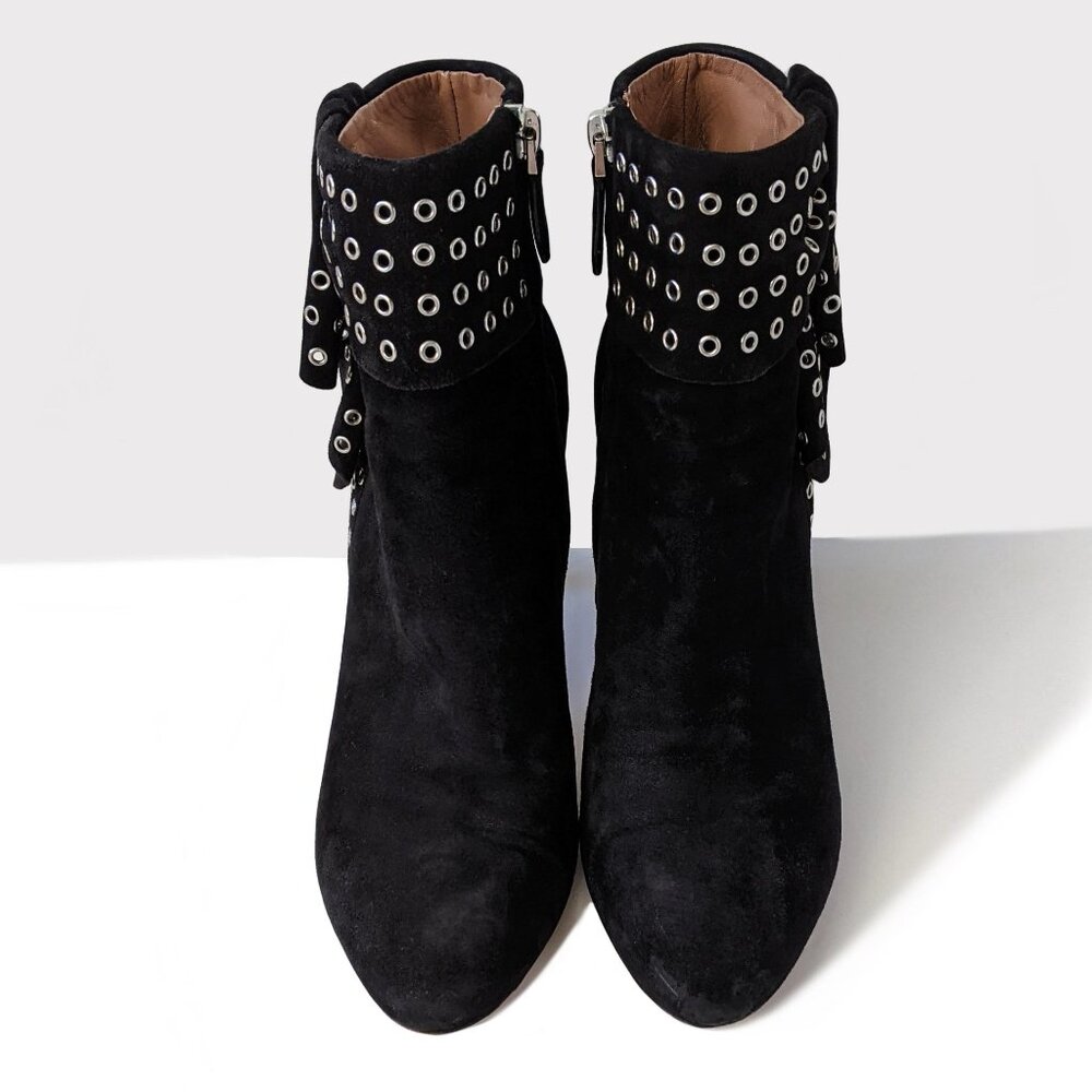 Alaïa Black Suede Grommet Embellished Ruffled Ankle Boots | Size 38.5 - Picture 6 of 16